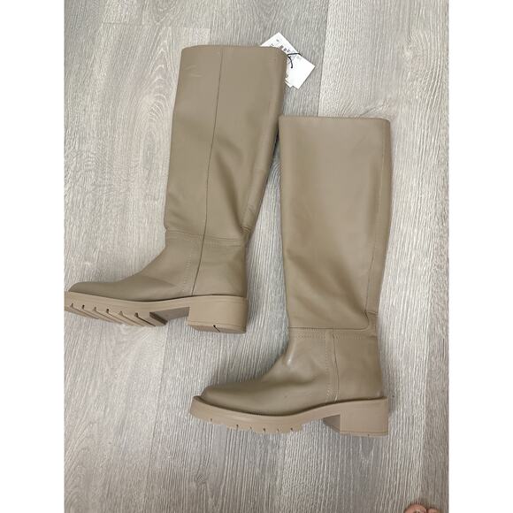 NWT Zara Leather Flat Knee High Boots Size 5 Taupe Sand Minimalist Blogger Fave - Picture 4 of 10